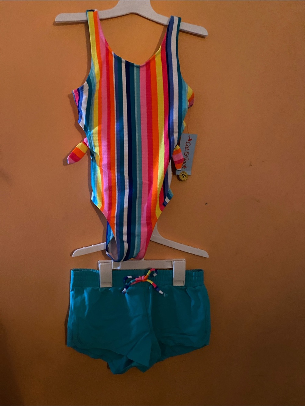 Target Rainbow Stripe One-Piece Swimsuit with Teal Shorts
